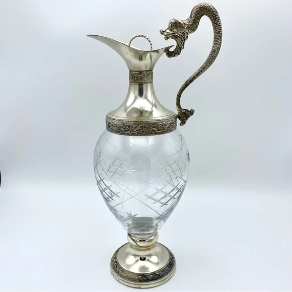 Vintage Italian Silver Plated Crystal Ewer Dragon Victorian Decanter, 12 Glasses - Picture 5 of 15